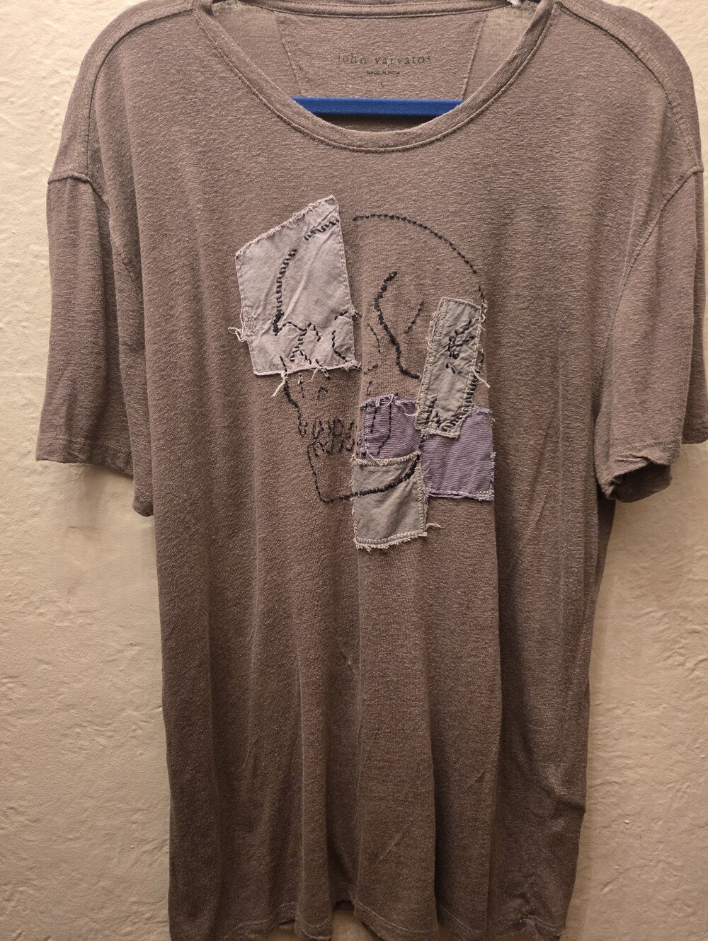 John Varvatos Patchwork Skull T Shirt Large Distressed Goth Grunge Raw Edge